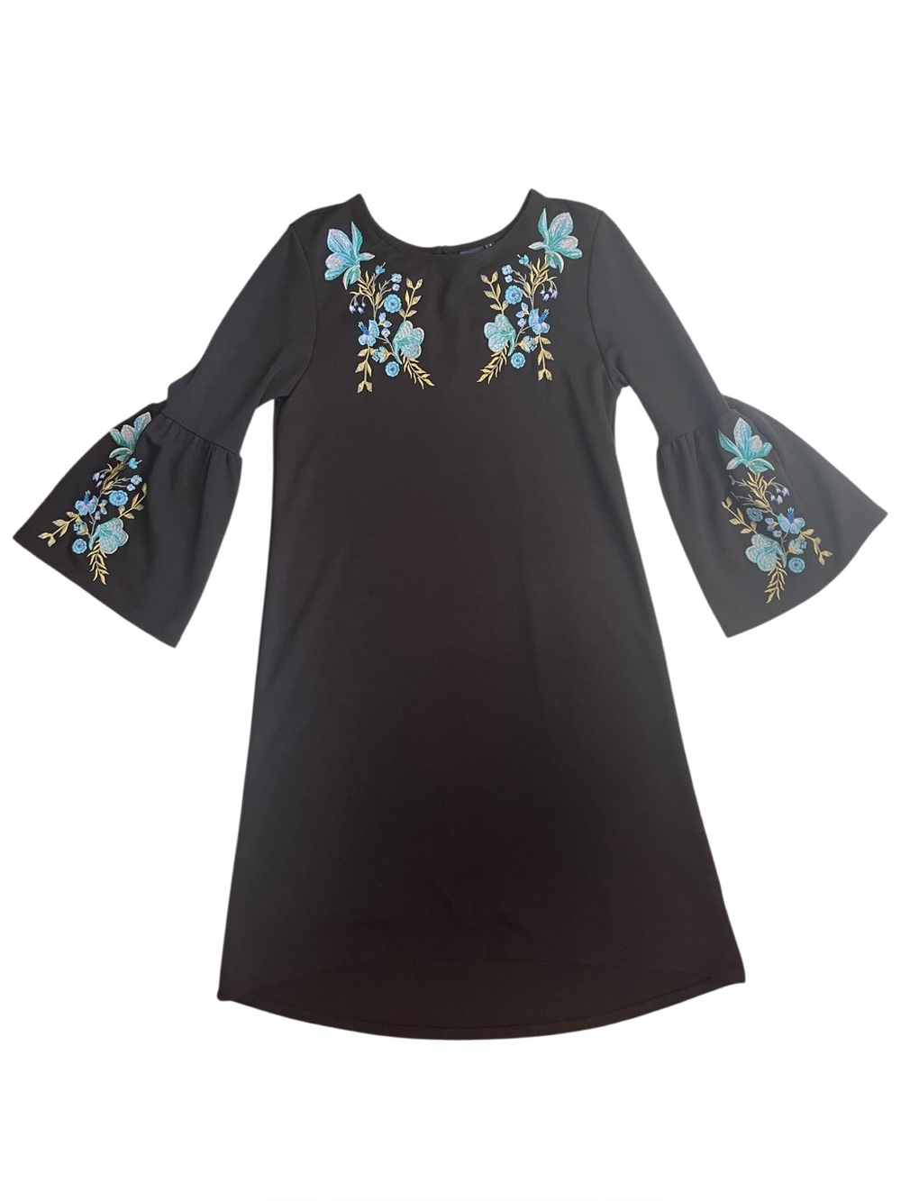 Kaari Blue Women’s Black Embroidered Bell Sleeve Shift Dress Size Small